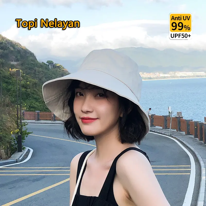 Bucket Hat Topi Pantai Wanita Korea Pelindung Visor Anti Sinar UV Tepi Lebar Lipat Topi Matahari