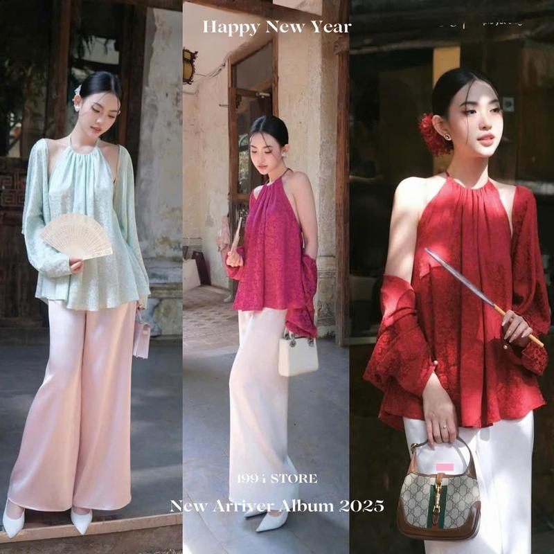 1994 STORE - Set bộ Bà Ba mặc tết - Áo yếm lụa hoa + quần suông lụa cao cấp + Áo choàng sang trọng cao cấp. Nữ Top Women