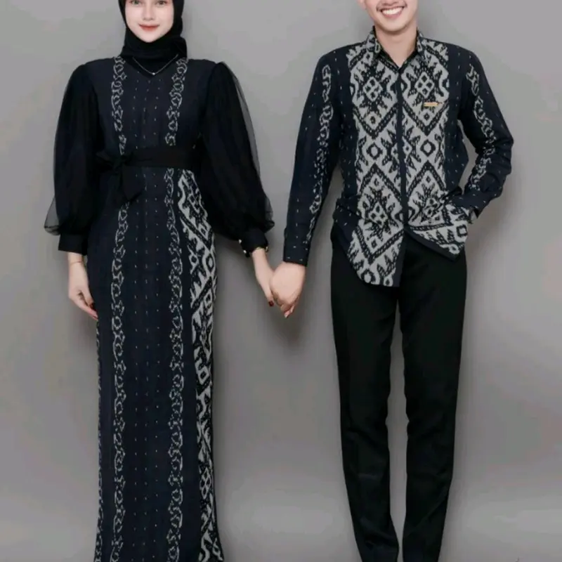 Isaba Dress Padma Couple Tenun Kondangan Lamaran Gamis Muslimah Kombinasi Katun Tile Batik Kemeja Pria Lengan Panjang Baju Pesta Pasangan Keluarga Sarimbit Hitam Seragam Kain 4