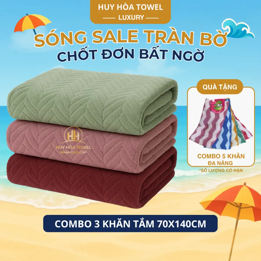 Combo 3 Khăn Tắm 70X140Cm Lông Cừu Huy Hoà Tặng 5 Khăn Đa Năng. Sợi Microfiber Mềm Mịn, Thấm Hút Nước, Không Ra Màu, Không Sổ Lông - Dùng Cho Nhà Tắm, Phòng Tắm