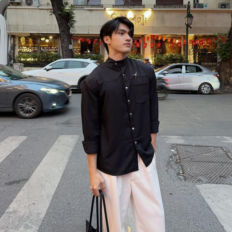  Áo sơ mi nam dài tay Raglan khuy kim loại và cổ áo cách điệu cá tính cao cấp SIXHUMAN HMA065 tổng tài áo  sơ  mi  nam 