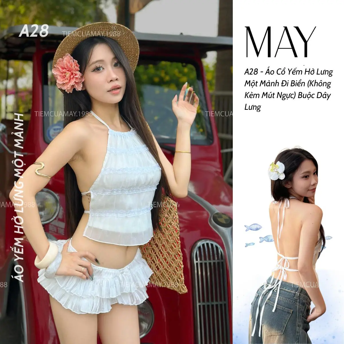 A28 - Áo Cổ Yếm Hở Lưng Một Mảnh Đi Biển (Không Mút Ngực) Buộc Dây Lưng | BigBuy360 - bigbuy360.vn