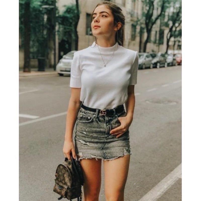 Atasan Rajut Wanita Turtleneck - Kerah Tinggi Lengan Pendek - Kaos Turtleneck Rib Tangan pendek 5