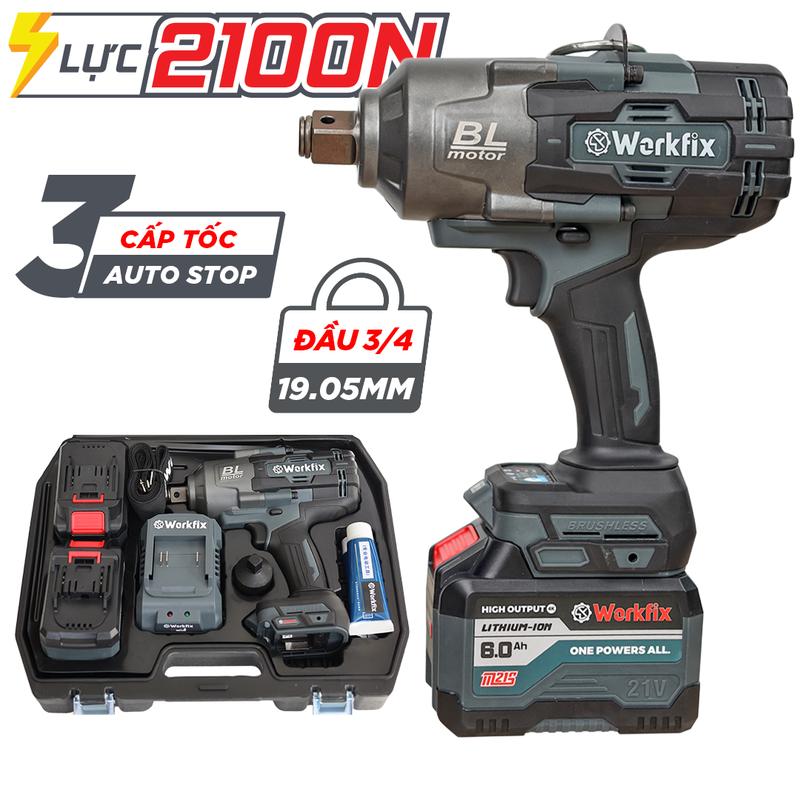 Đầu 3 4 Máy Siết Bulong Workfix 2100N.m - IW2100N - Lực Siết Lớn 2100N.m - 2 Pin 15 Cell 21V 6Ah - Tặng đầu chuyển 3 4 sang 1 2 - 3 Cấp Tốc Độ - Motor Brushless - Chân Pin Phổ Thông 2 Pin 21V 6Ah - Bảo Hành Chính Hãng 6 Tháng