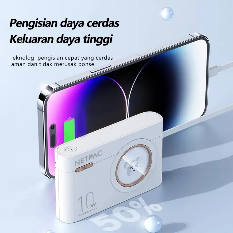 【COD】NETPACLIFE Powerbank 10000 mAh Fast Charging Murah Mini Macaron Cute Camera Design LED with Kabel Data Type C Micro USB Lightning 6