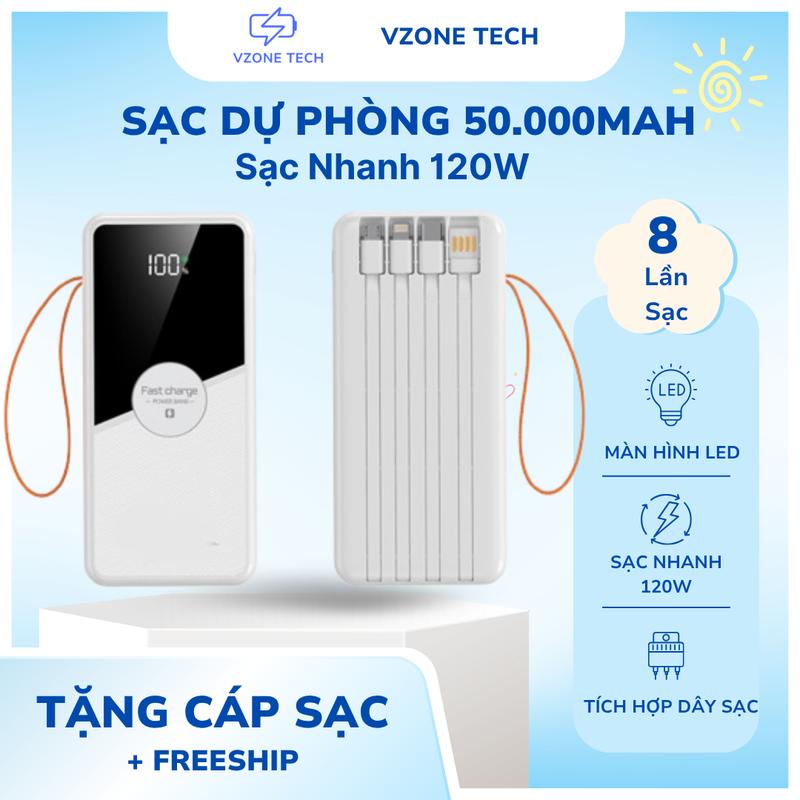 Sạc Dự Phòng 50000mAh Sạc Nhanh 120W PD QC 3.0 3 Cổng USB Type-C Màn Hình LED Thông Minh Bảo hành 6 tháng VZone Tech VZT232