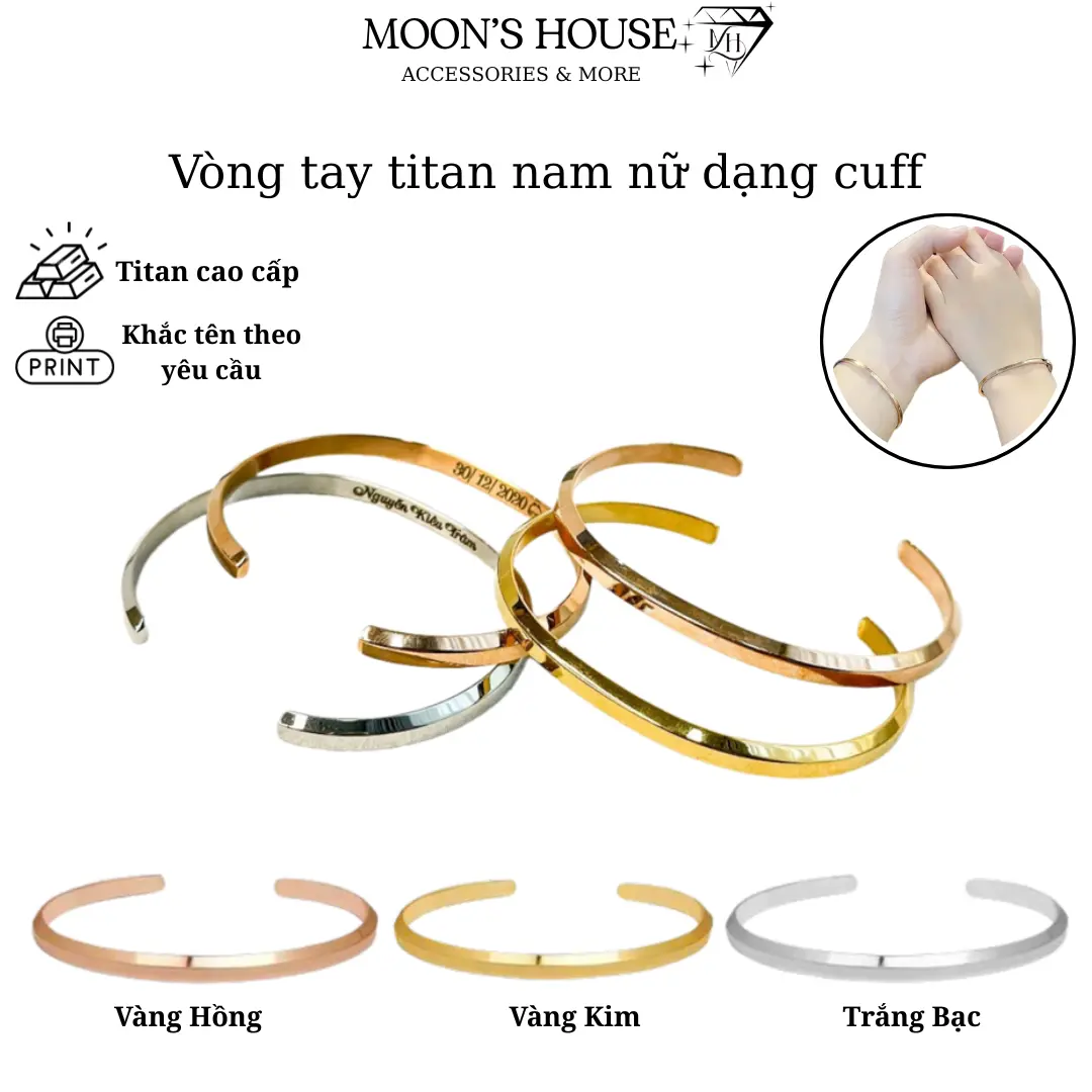 Vòng tay cuff nam nữ không rỉ sét có khắc tên theo yêu cầu - 1