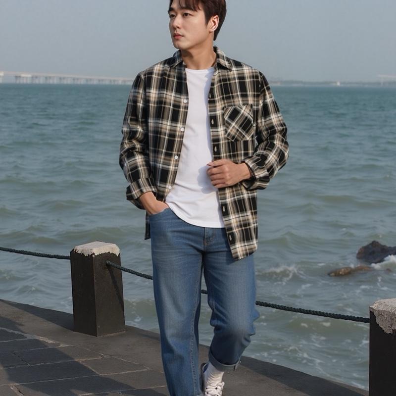 Áo Sơ Mi Flannel Kẻ Caro Dài Tay Nam Nữ Thơi Trang Trẻ Trung Chất Cotton Dày Dặn Thoáng Mát Mix Túi Ngực Đan Chéo - Có Cổ - Menswear 05 Shirt Jean