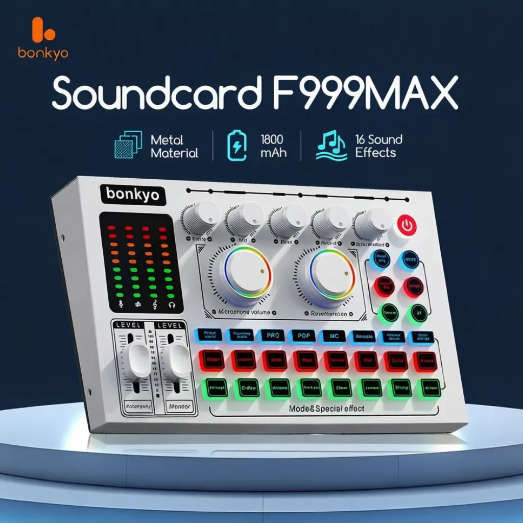 Bonkyo F999MAX Soundcard Logam Bluetooth Anti Bising OTG Lossless Live Karaoke dengan Bass dan Treble Terpisah untuk Konten Menarik Mixer Profesional - Led, Komputer