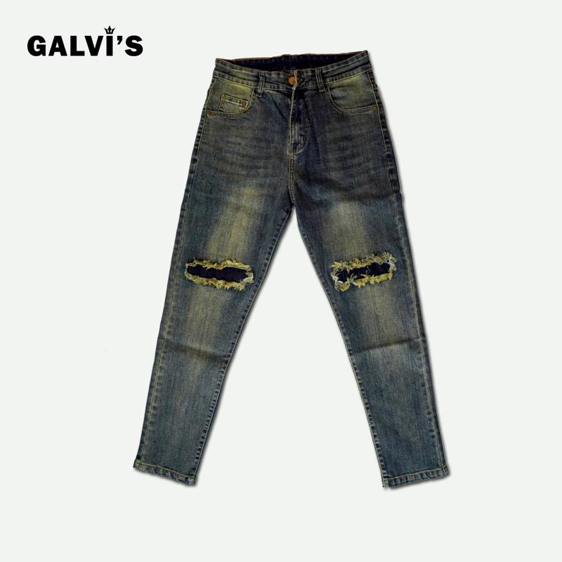 Quần Jean nam GV99 | dáng slim fit | rách gối, màu xanh hơi rêu Menswear Pants Có Túi quần jean nam