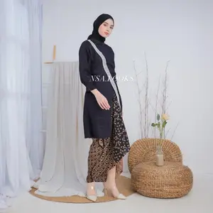 Setelan Wanita Mecca Tunik Silang Viscos Semi Sutera dengan Rok Lilit Batik Cap - Atasan, Katun, Kulot, Pesta, Baju, Panjang, Hitam, Kondangan Renda