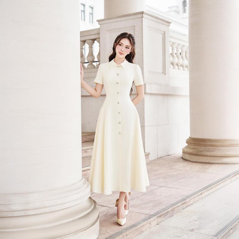 Váy nữ cổ đức thiết kế 7 Mảnh Lona Dress H.I.U Fashion đầm text chun hàn 2 lớp khuy ngọc sang trọng cao cấp HIU design