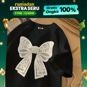 Tshirt Kaos Lengan Pendek Oversize Wanita Digital Printing Korean Style Gambar Pita Besar Bahan Cotton