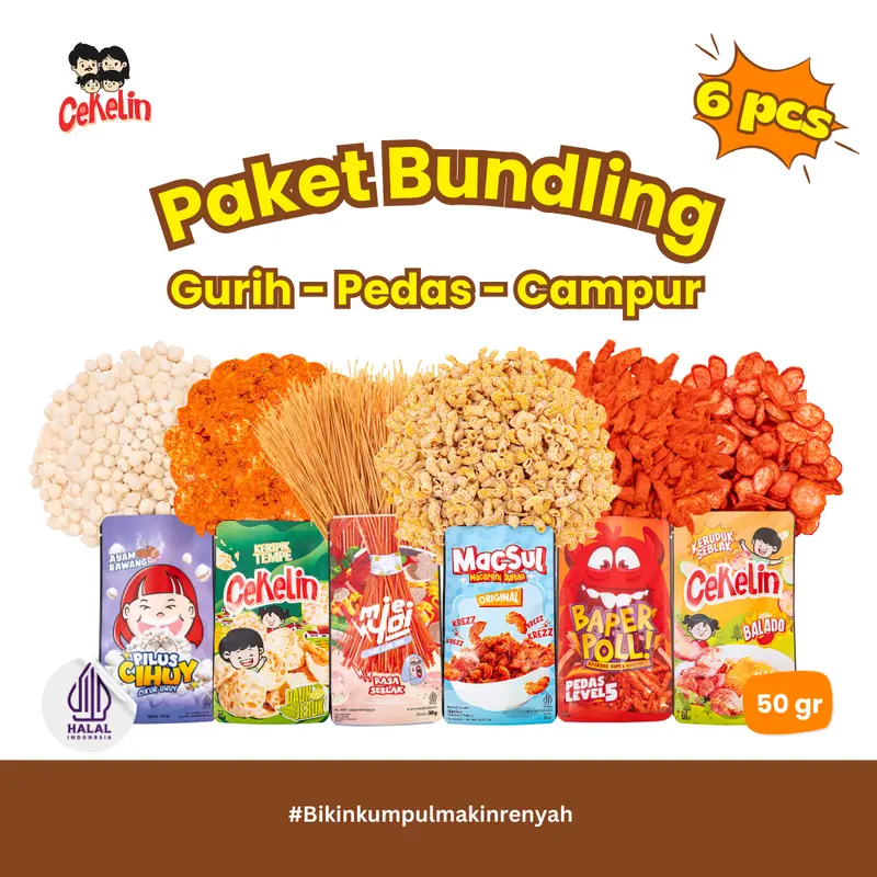 CEKELIN Cemilan Paket Bundling 6pcs Makaroni Mie Lidi Basreng Keripik Tempe Pilus Kerupuk Seblak  Snack Cemilan Murah Gratis Ongkir 3