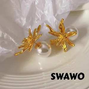 [Swawo] anting mutiara motif bunga iris bisa dipakai dua gaya wanita B103