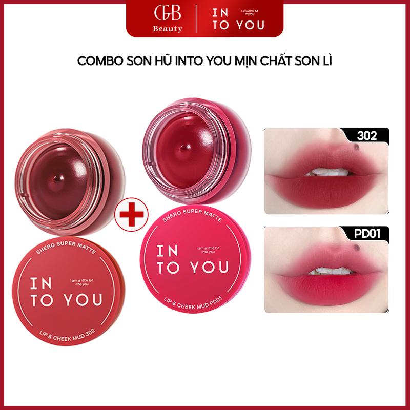  Combo 2 Son Bùn Hũ INTO YOU Kem Lì Không Khô Môi Che Rãnh Môi Dễ Tán Tặng Kèm Cọ Dùng Cho Môi Và Má PD01 5g 