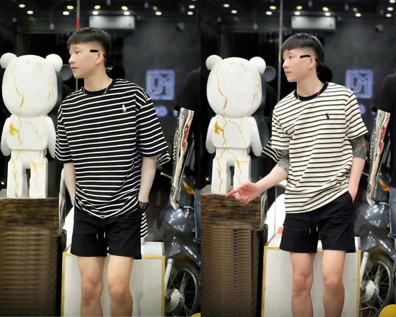 Áo Thun Nam Nữ Tạo Kiểu Thêu Logo Kẻ Sọc In Chữ Mẫu Boy Phố Cotton Thoáng Mát Co Dãn - Menswear, Cổ Tròn aothun  basic