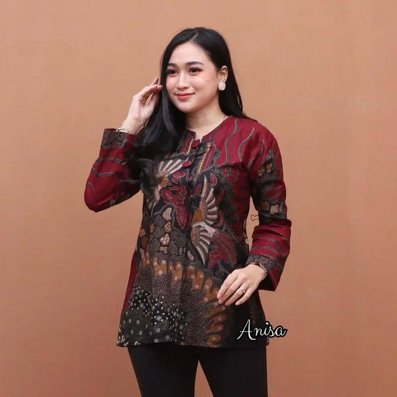 Baju Batik Wanita Atasan Blouse Bahan Katun Panjang - Cewek Kerja  Dewasa Nyaman 3