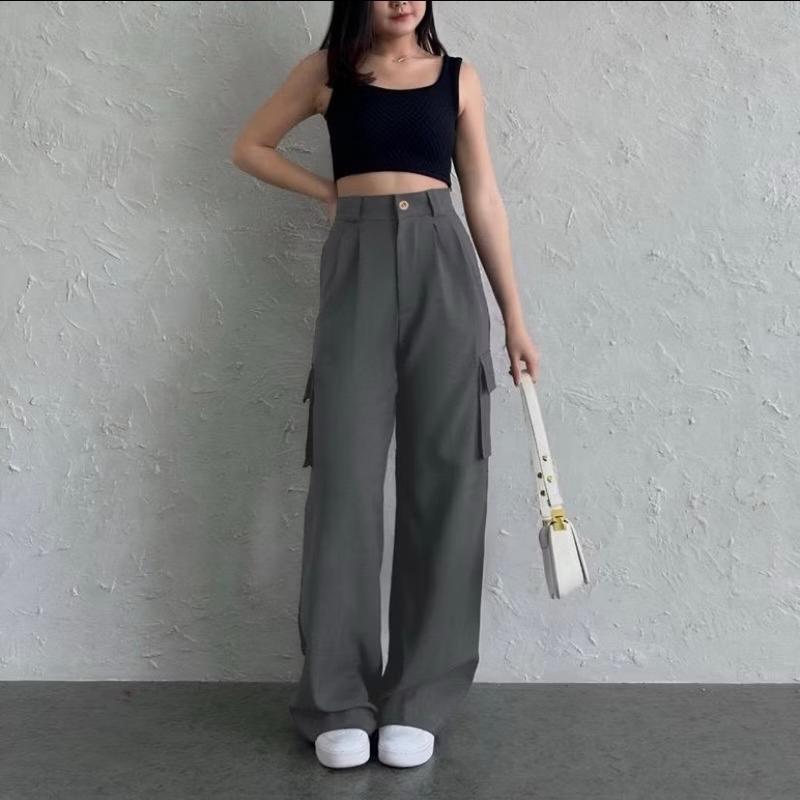 Celana Cargo anak perempuan Korean style 8-16 tahun Low waist katun drill Fashion 3