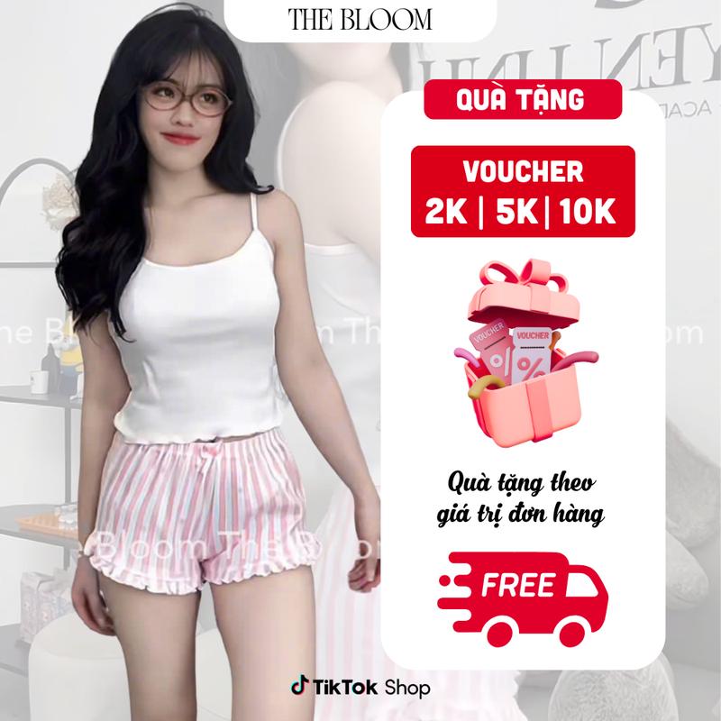 THE BLOOM Set bộ đồ ngủ áo 2 dây trắng phối viền kèm quần short đính nơ viền bèo sọc trắng hồng, set ngủ tiểu thư Loungewear - SE017 Nữ Women Cotton Top Ống Loe Kem bộ  ngủ  thun    2  dây