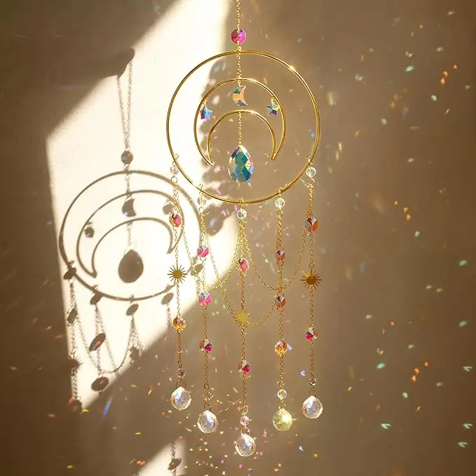 Suncatcher,Moon Sun Catcher-Large Prism Suncatcher Crystal Wind Chimes for Window Home Garden Backyard Room Ceiling Charming Decoration Christmas Birthday Handmade Gift for Women Moon Sun Catcher Moon Prism Pendant Suncatcher Rainbow Maker Window Hanging