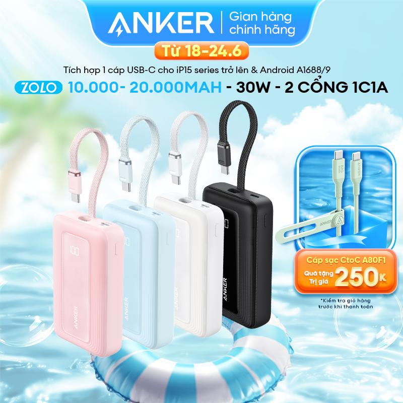 Sạc dự phòng ANKER Zolo 30W 10kmAh/20kmAh - Sạc nhanh 30W - 2 cổng 1C1A - Tích hợp sẵn cáp USB-C vừa input vừa output - Sạc 3 thiết bị cùng lúc thích hợp cho iPhone 15/iPhone 16/Samsung/iPad/Tai nghe- A1688/1689