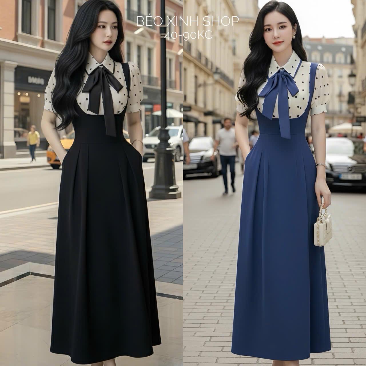 Váy Dự Tiệc Chấm Bi Đính Nơ Vải Lụa Măng Gồ Phối Cotton 40 - 95Kg Thời Trang Nữ Béo Xinh Shop - A.1389