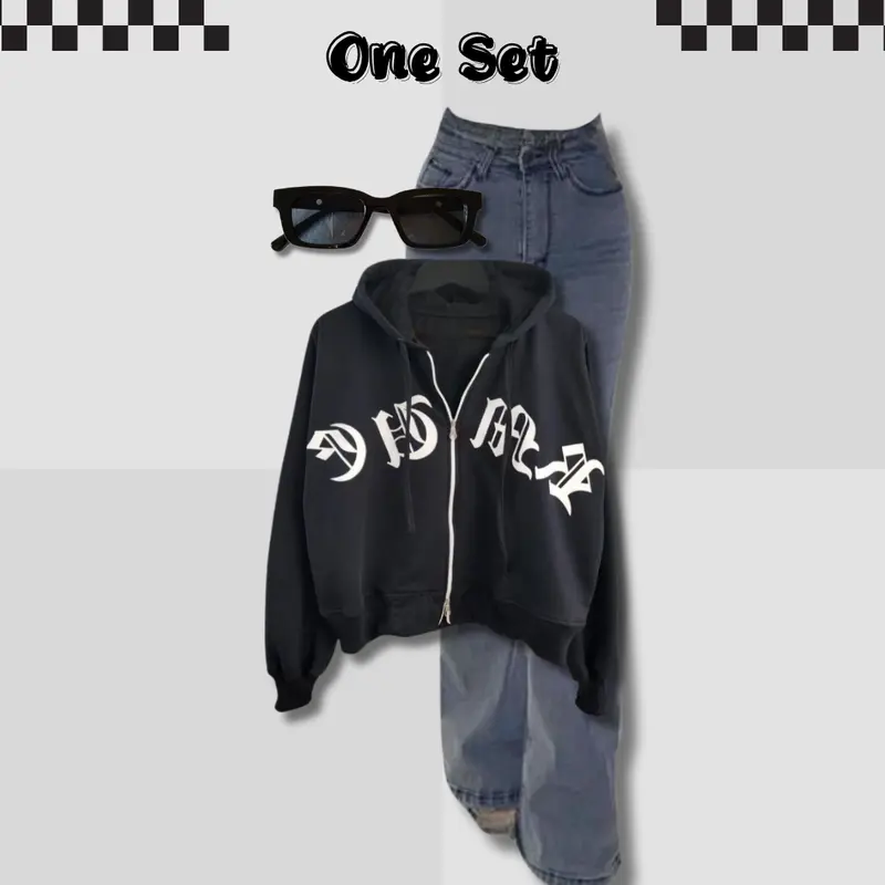 Baju Setelan Wanita Keren Cool Girl Outfit  Terbaru 2025 - Zipper Crop + Celana Cutbray Jeans |RD086| 1