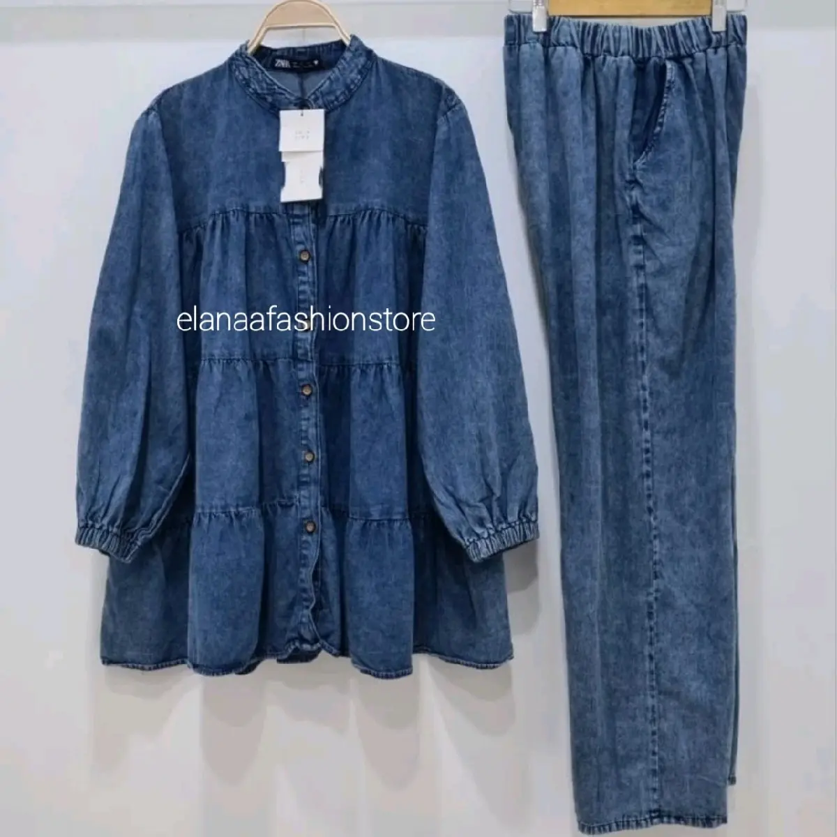 SETELAN KEMEJA JEANS WANITA JUMBO // ONESET KEMEJA JEANS SUSUN BABYDOLL PREMIUM