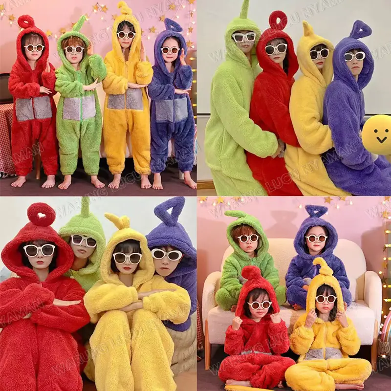 Baju Teletubbies Pakaian Kostum Anak Dewasa Piyama Flanel Onesie Serat Poliester 100% Stil Kartun Lucu Lengan Panjang Ukuran S M L XL Fashion untuk Laki-laki dan Perempuan