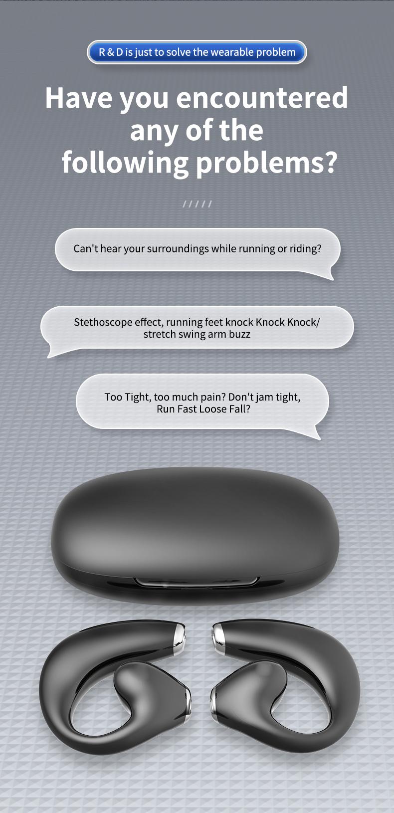 Stereo surround suara nirkabel headphone Bluetooth OWS wireless olahraga earphone terbuka earring headset tahan lama kenyamanan memakai Earbuds dengan LED digital JR02