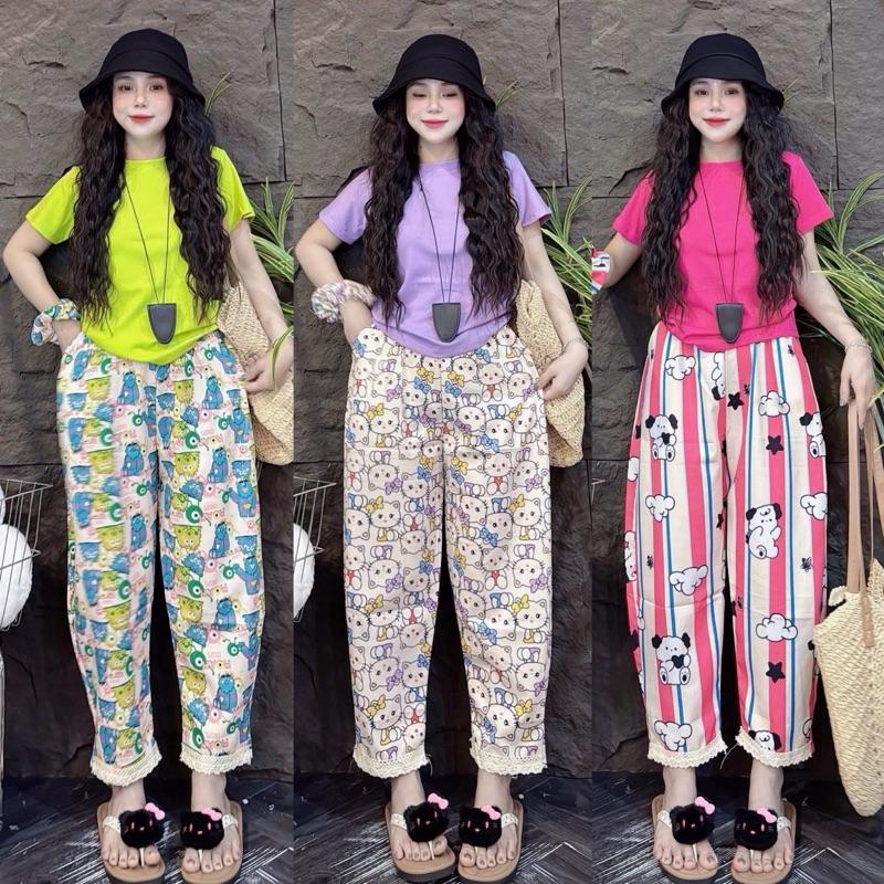  Bộ áo THUN TĂM tay ngắn form ôm vừa cổ tròn  quần đũi baggy in hoa viền may ren Top Women Nữ 
