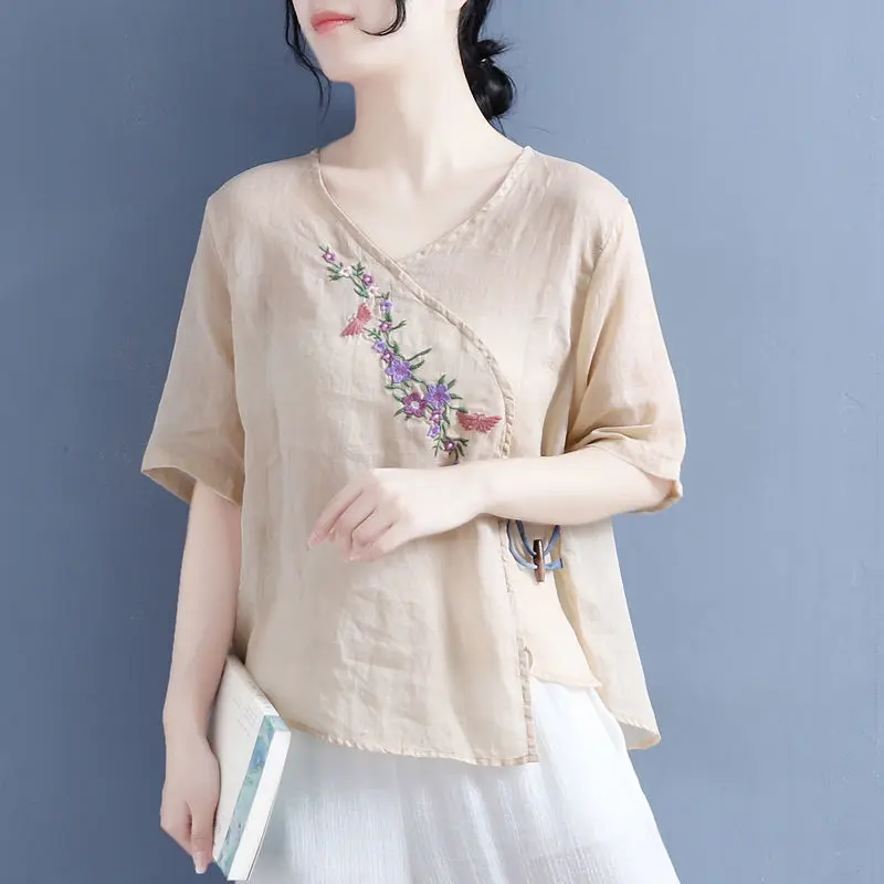 Áo Ngắn Tay Phong Cách Dân Tộc Hàng Mới Về Mùa Hè, Thiết Kế Cổ Điển Văn Học, Có Túi Có Khóa Kéo Chéo, Chất Liệu Vải Lanh Và Bông, Thêu, Dáng Rộng Vừa Vặn, Áo Cánh Nữ, Có Cỡ Lớn