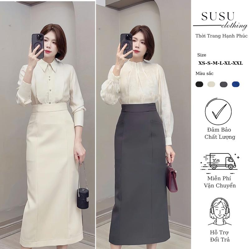 SusuClothing Chân váy dáng suông dài có túi cạp cao cách điệu mí viền dài 88cm CV88