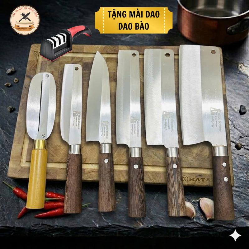 (Tặng dao bào, mài đao) Bộ dao thép trắng kháng gỉ, cán làm từ gỗ mun vàng nguyên khối chống mối mọt, bền bỉ, BH 24 tháng ( khâu trắng )