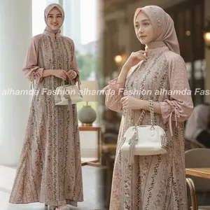 Hellena Dress Gamis Lebaran Wanita Rayon Motif Mix Rayon Jaguar Busui Lembut Adem Lengan Terompet Ukuran LD 110cm/120cm PJ 135cm Tangan 63cm Gamis Premium