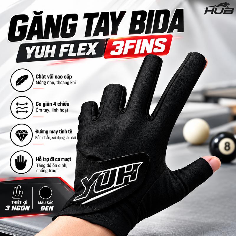 YUH Găng Tay Bida Flex-3Fins, Găng 3 Ngón Ôm Tay Thoáng Khí, Thiết Kế Hiện Đại, Chất Liệu Bền Bỉ, Phù Hợp Mọi Cơ Thủ