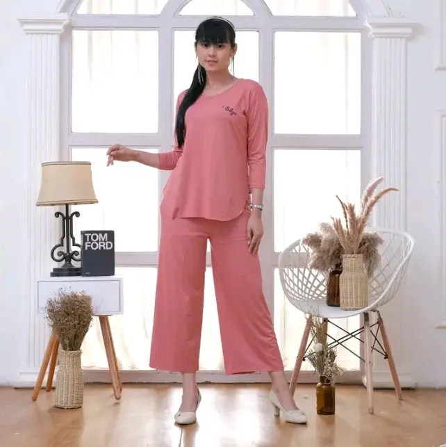 setelan kaos wanita setcel spandek premium lengan 7/8 one set murah terbaru atasan baju oversize belah samping celana panjang dewasa jalan soft pink baju wanita 0