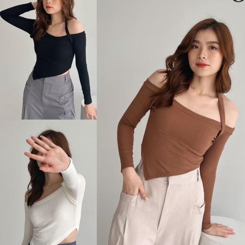 Lily halter Knit Long Sleeve | baju atasan wanita sabrina tali lengan panjang rib  Knitwear Stretch Top 0