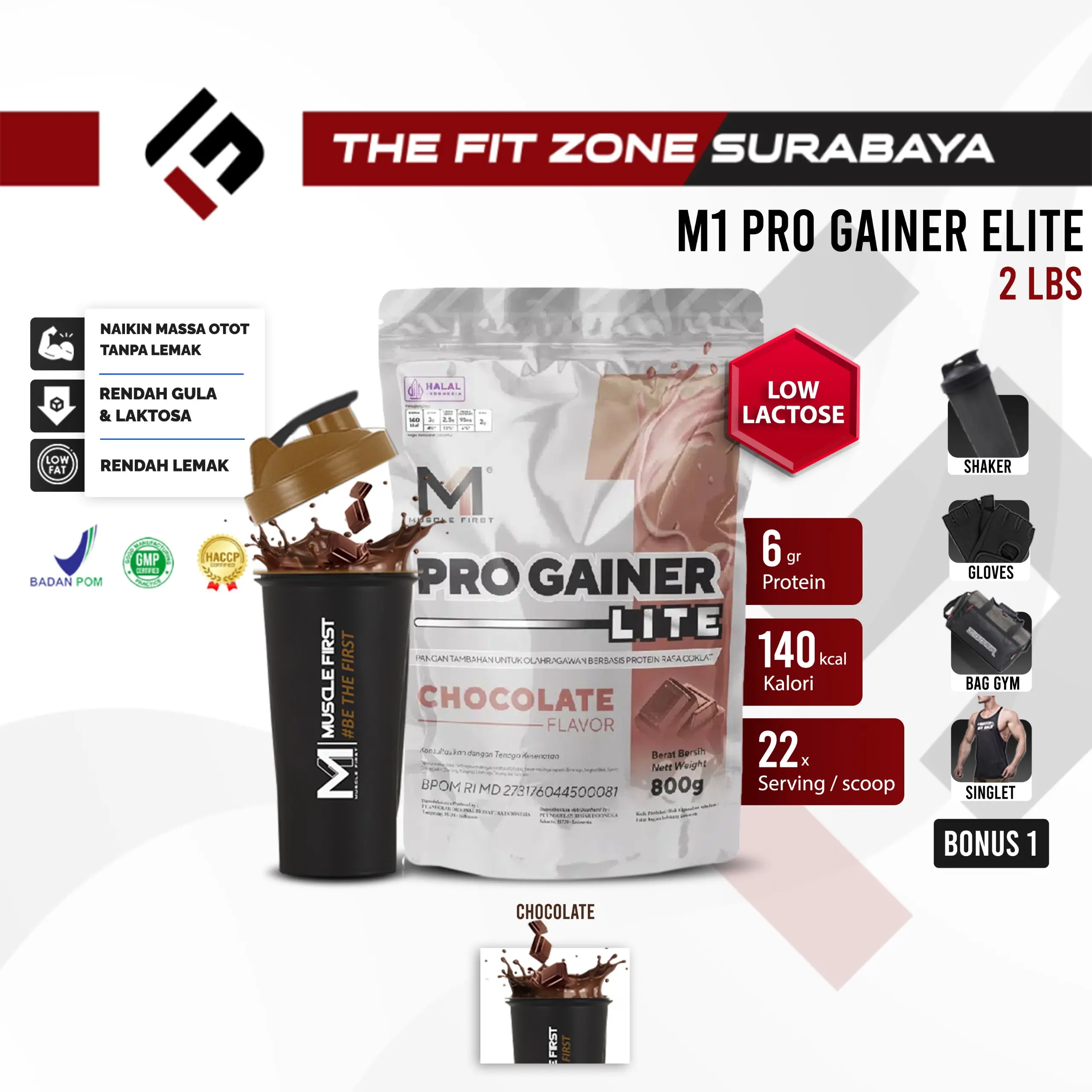 M1 MUSCLE FIRST Pro Gainer Lite 800 Gram 22 Servings - Susu Weight Gainer Kalori Tinggi Rendah Laktosa Bebas Lemak Jenuh | Suplemen Lean Bulking Penambah Berat Badan Massa Otot Pria Wanita Gym Fitness Halal BPOM MD Original Premium