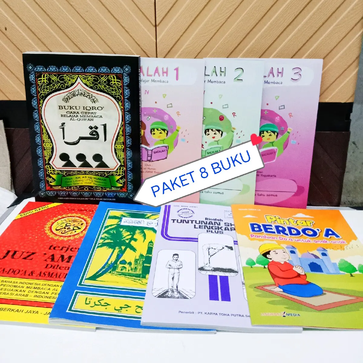 Paket 8 Buku Bacalah jilid  123,IQRO Bendel Besar, Terjemah Juzamma, Risalah Tuntunan Shalat, Juzamma Alip Alipan, Pintar Berdoa Uk A5 21 x 15 Cm