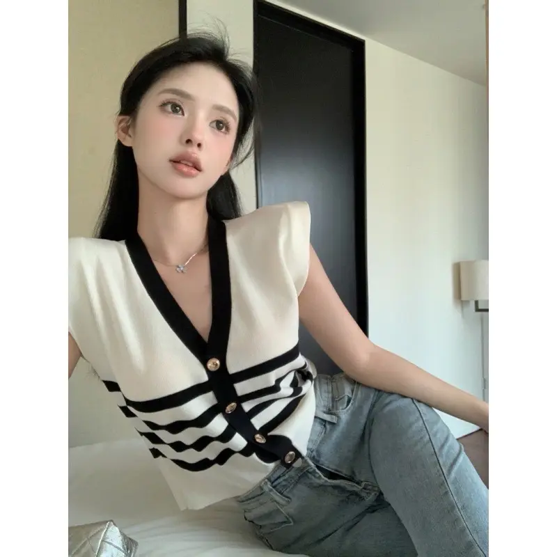 Vest Rompi Rajut Import Premium Full Kancing - Knitwear Tanpa Lengan Casual Model Wanita Terbaru Outer Atasan Motif Top 1