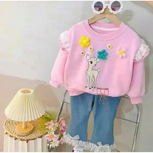 Setelan Anak perempuan Baju sweater motif kelinci timbul Celana Jeans panjang Usia 1-4 tahun Fashion anak cewek style Korea One set anak Baju lengan panjang Celana Panjang  premium