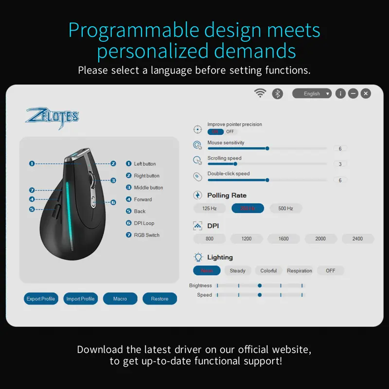 Zelotes F36 Wireless Vertical Mouse Programmable Bluetooth 5.0 USB 2.4G 2