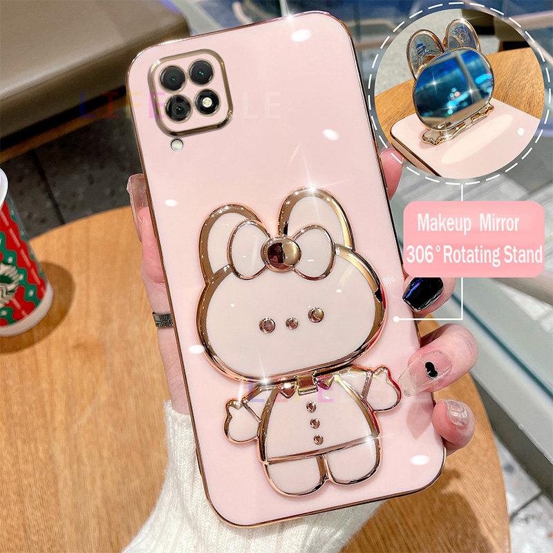 Product Introduction of Casing for Samsung Galaxy A22 4G A12 A42 5G M12 Case, Fashion Plating Soft Phone Case with 3D Cute Rabbit Makeup Mirror 306° Rotating Stand Cartoon Couple Cases 5