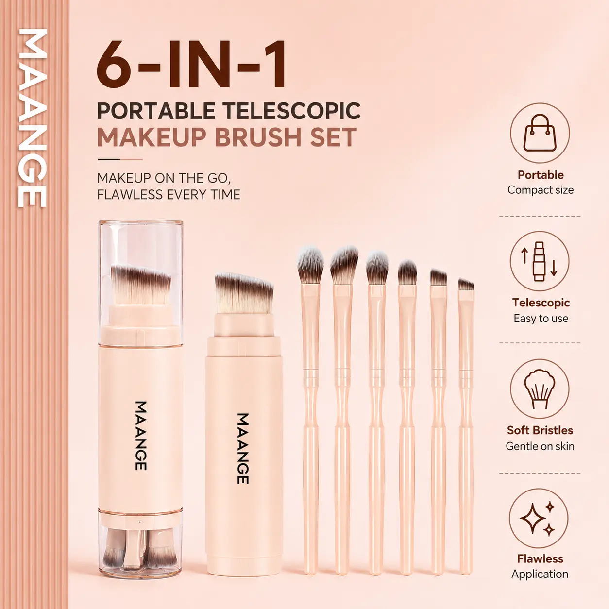 MAANGE Set Kuas Makeup 6 in 1 Portable dengan Kotak Teleskopik, Brush Wajah dan Mata Bulu Nilon Lembut untuk Foundation Blush Contour Eyeshadow Alis Eyeliner –