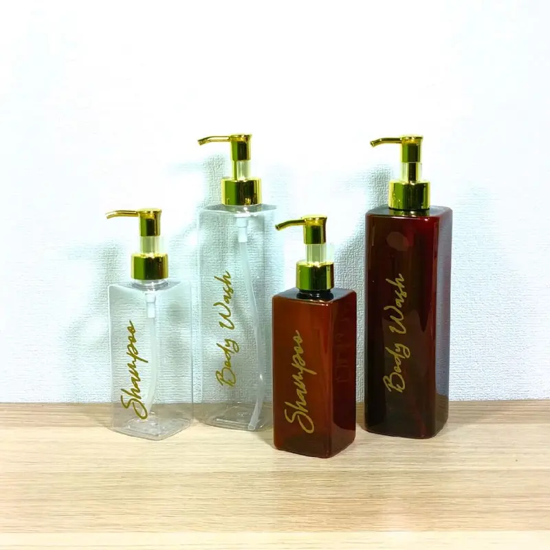 Botol Sabun Cair Aesthetic Kotak Transparan & Amber Glosy Gold dengan Pump Gold Luxury - Plastik 0