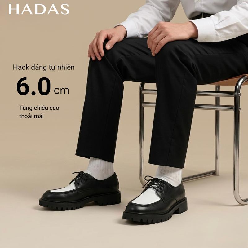 HADAS Giày Chunky Derby Viền Black White Tăng 6cm Đế Cao Su Khâu, Tăng kèm Lót Tăng Chiều Cao.