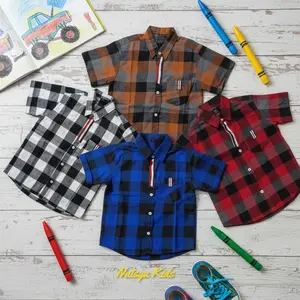 Atasan Kemeja Anak Laki laki Model Flannel dengan Lengan Pendek Untuk Anak Usia 5 Tahun sampai12 Tahun