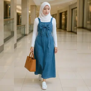 Sahara Overall Set Jeans Wanita Casual Dress Denim Washed Saku Kanan Pita Besar
